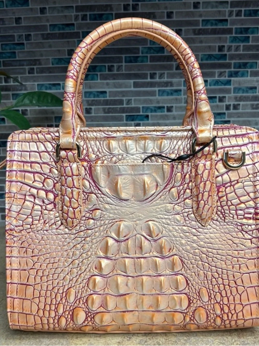 Brahmin Iridescent Peach-Pink Croc-Embossed Satchel and wallet with Gold Accent